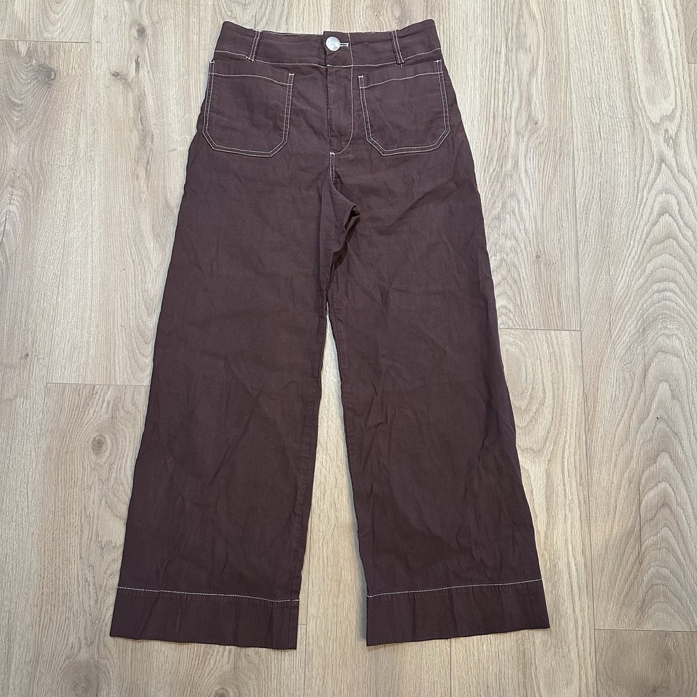 Maeve Colette Wide Leg Pant Size 27 Contrast Stitch Cropped Linen Blend Brown